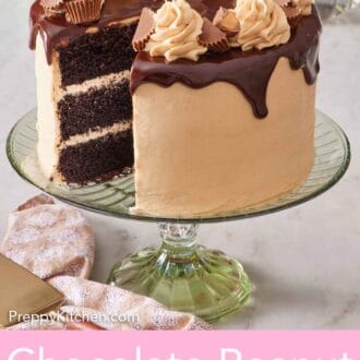 Pinterest graphic of a chocolate peanut butter cake on a green cake stand with a slice cut out.
