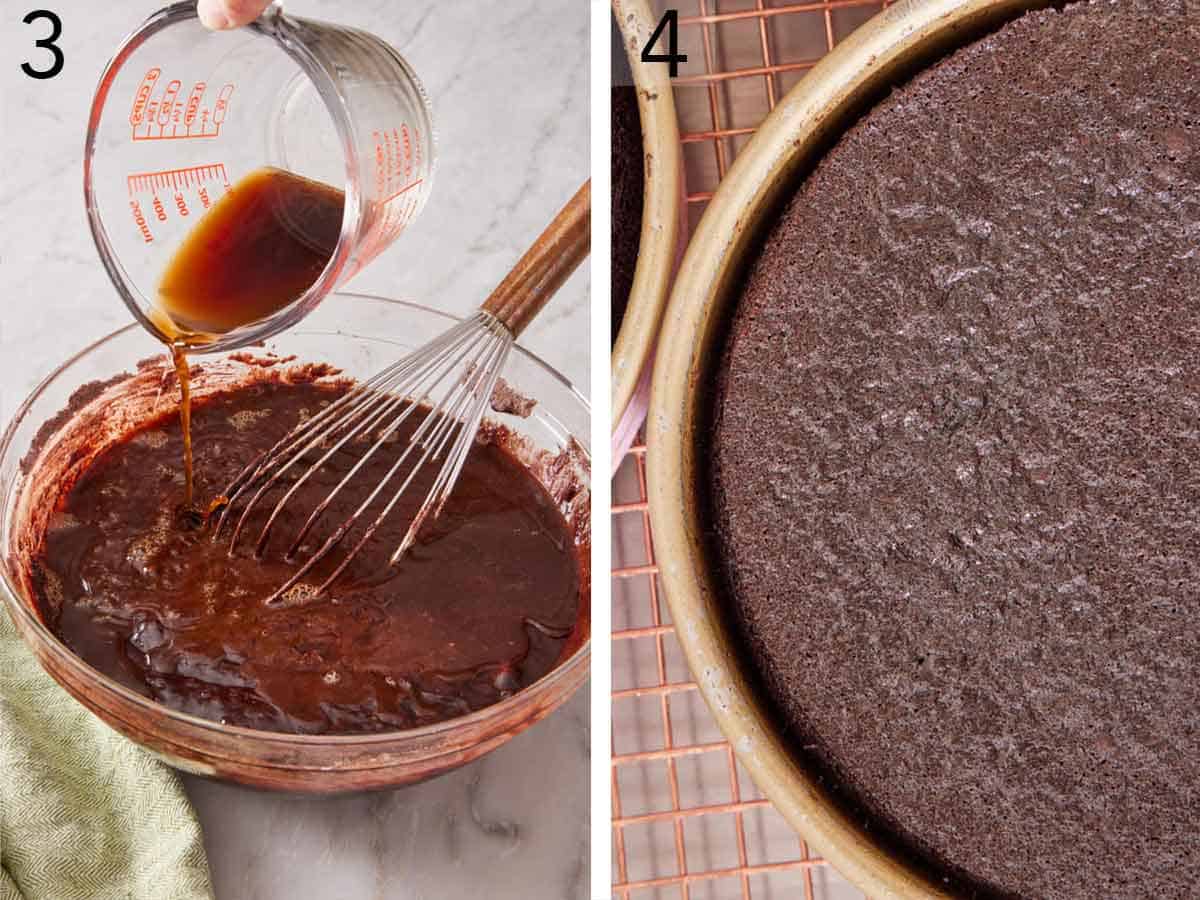 Set of two photos showing coffee added to the cake batter and baked.
