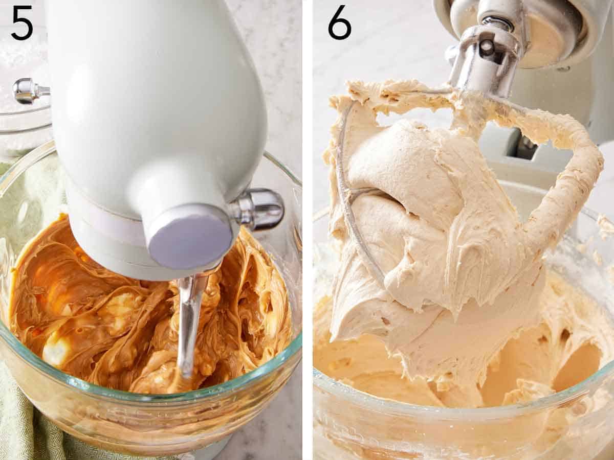 Set of two photos showing peanut butter frosting mixed with a mixer.