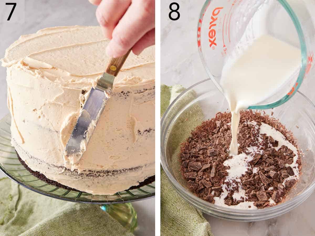 Set of two photos showing frosting spread onto the cake and heavy cream poured into a bowl of chopped chocolate.