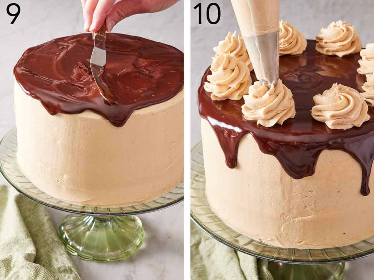 Set of two photos showing melted chocolate spread over the top of the frosted cake and more frosting piped on top.