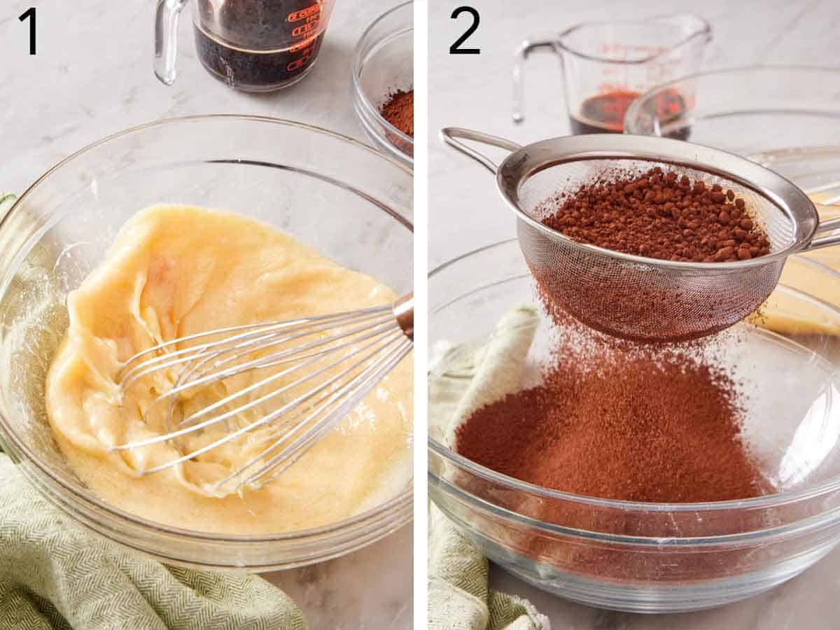Set of two photos showing wet ingredients whisked and cocoa powder sifted into a bowl.