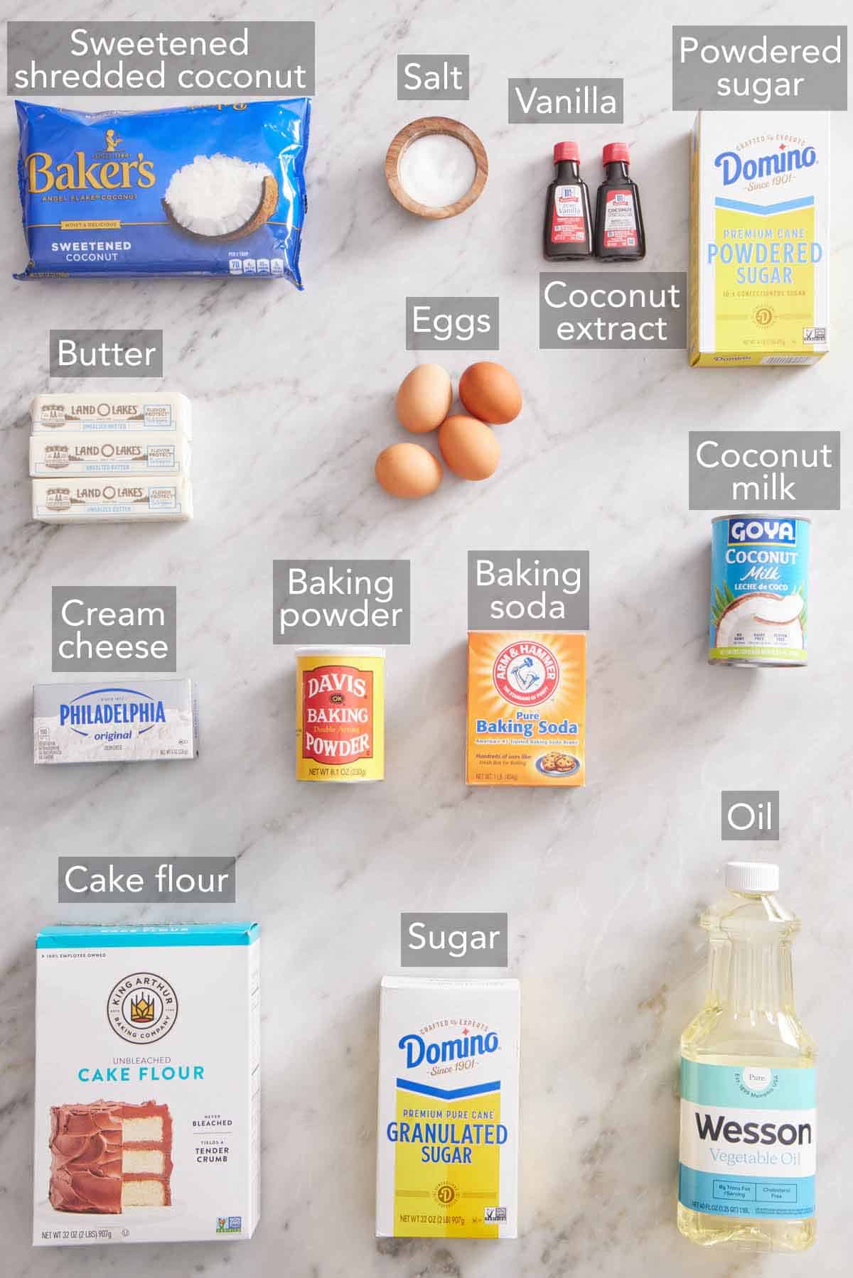 Ingredients needed to make coconut cake.