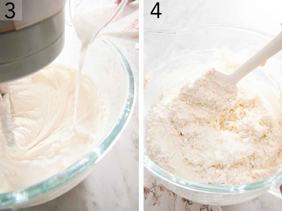 Set of two photos showing coconut milk added to the mixing bowl and shredded coconut folded in.