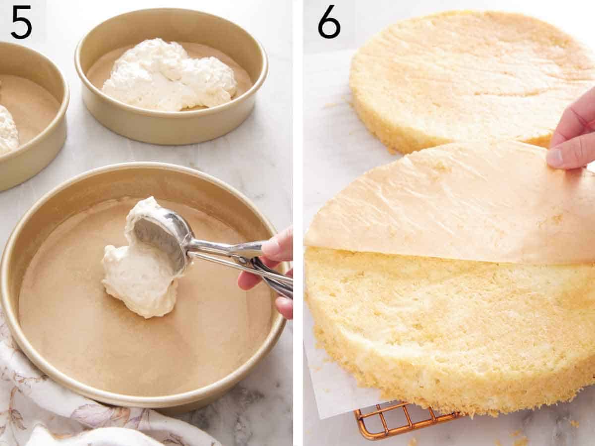 Set of two photos showing batter scooped into three baking pans and the parchment peeled off the cooling cake layers.