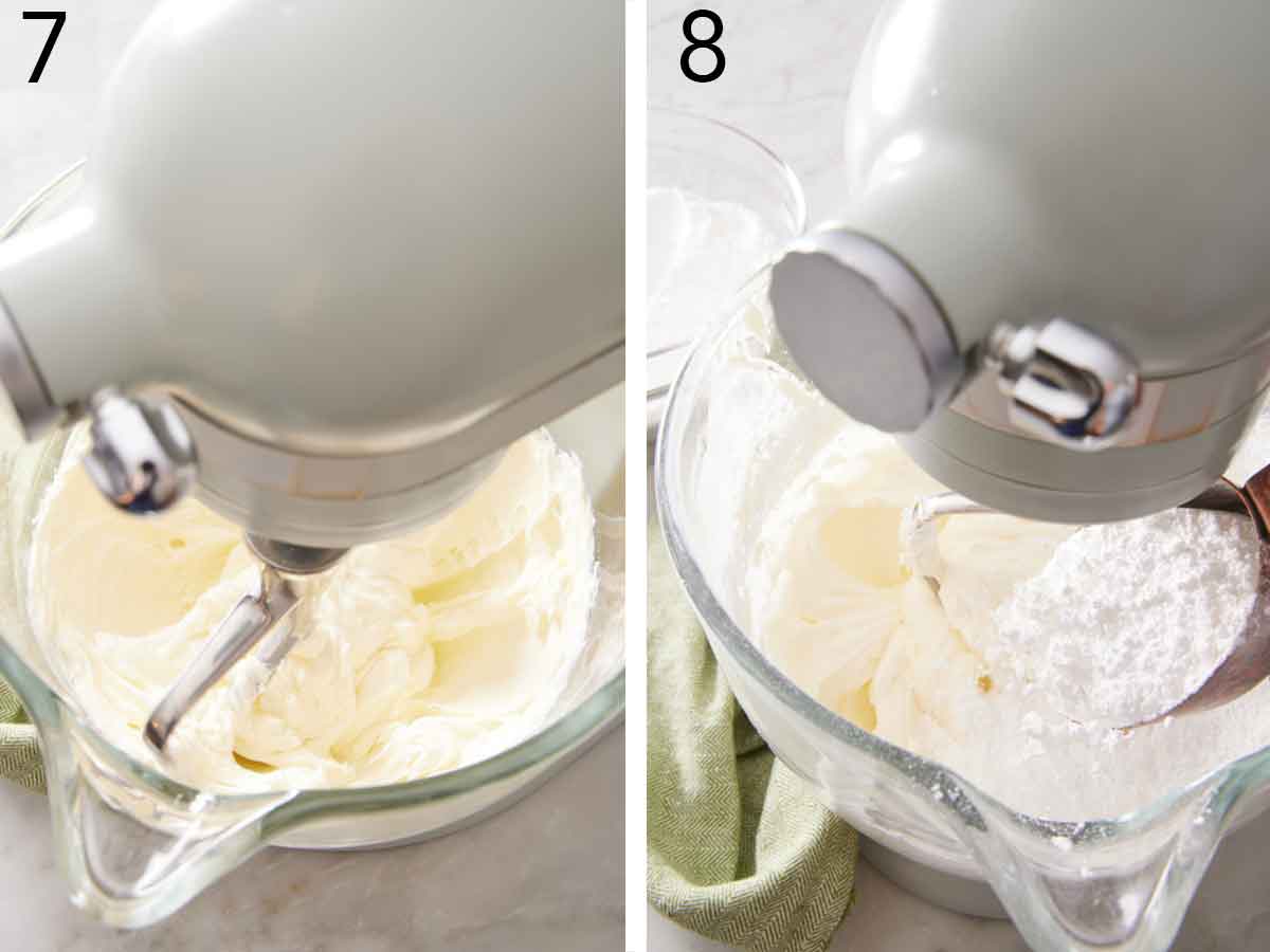 Set of two photos showing coconut cream cheese frosting mixed together in a mixer.