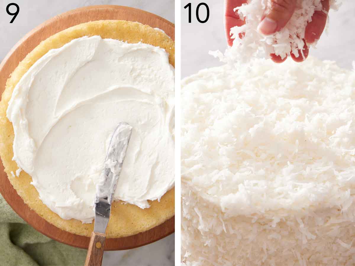 Set of two photos showing frosting spread onto the cake and shredded coconut sprinkled on top.