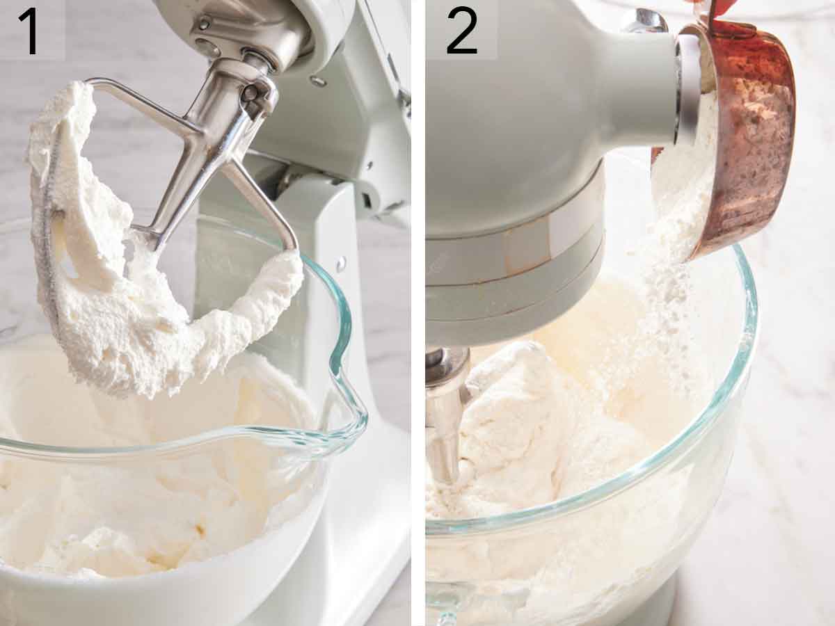 Set of two photos showing sugar, butter, and oil mixed together with a mixer and dry ingredients added.