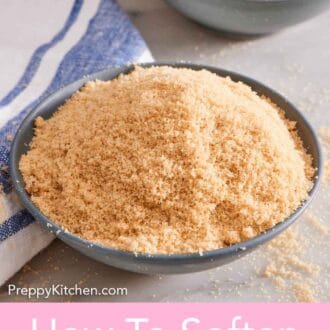 Pinterest graphic of a bowl of softened brown sugar with a bowl of hardened brown sugar.