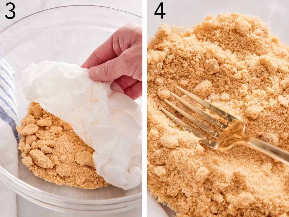 Set of two photos showing a damp paper towel placed over the hardened brown sugar and then broken down with a fork.