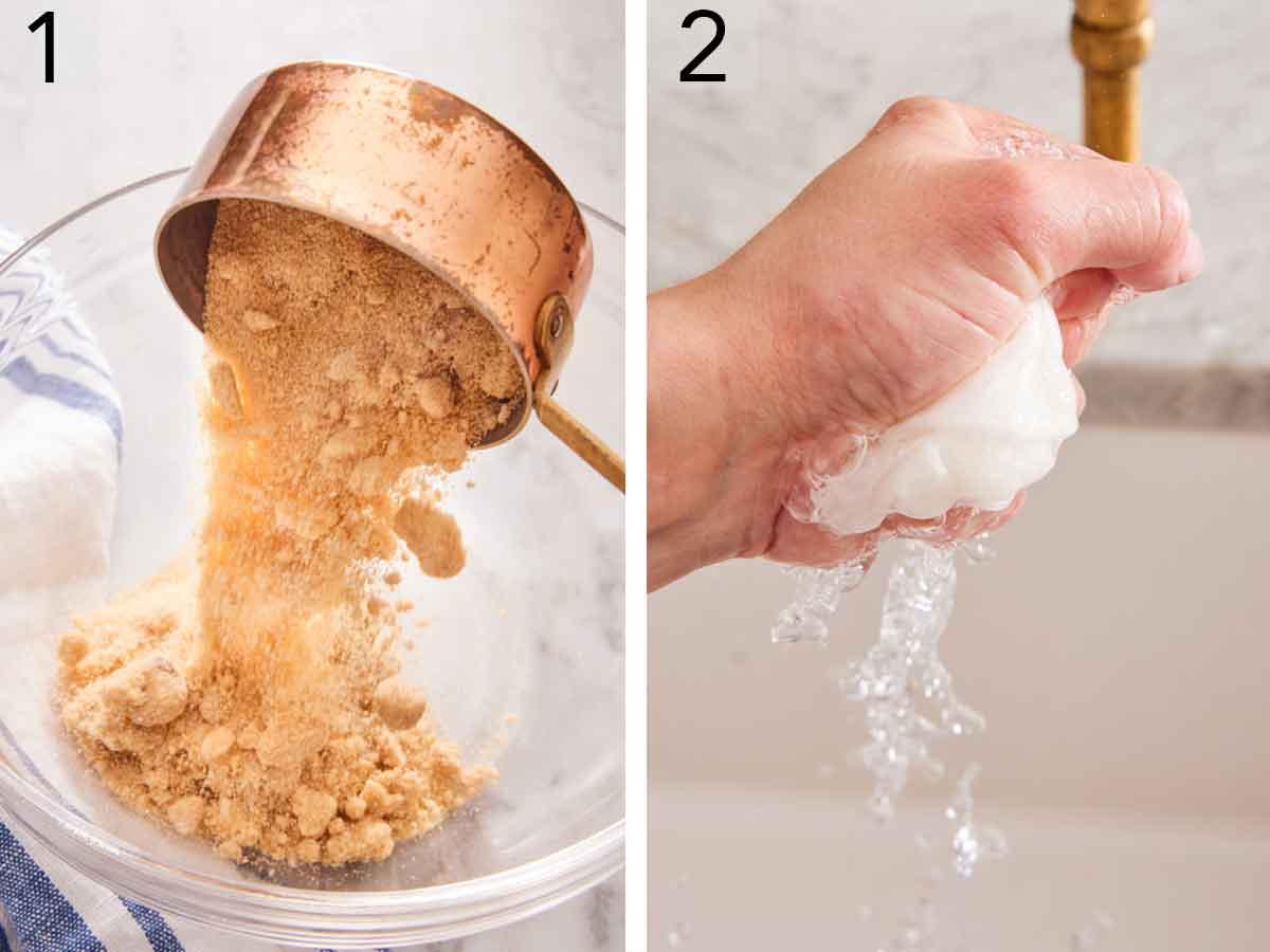 Set of two photos showing brown sugar added to a bowl and water squeezed out of a paper towel.