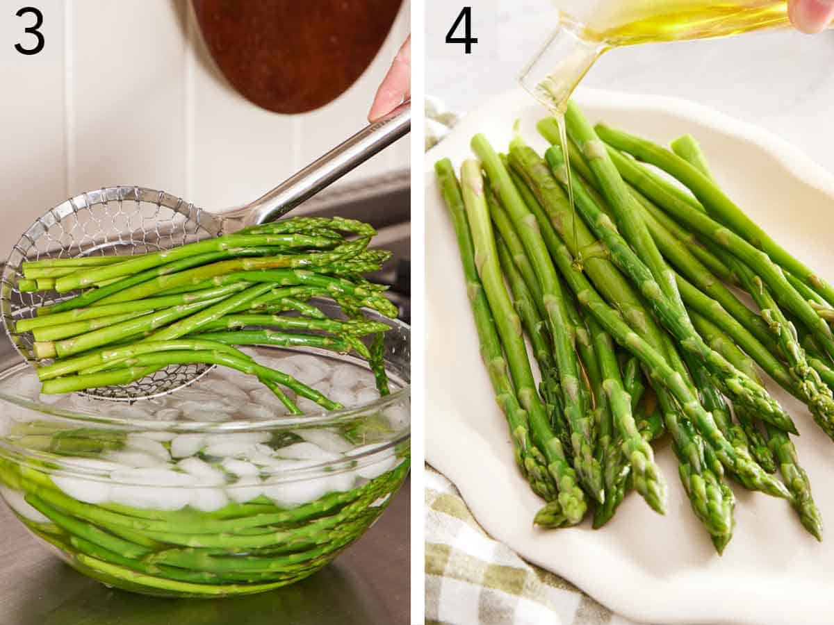 Set of two photos showing asparagus scooped into a bowl of ice water then oil drizzled on top.