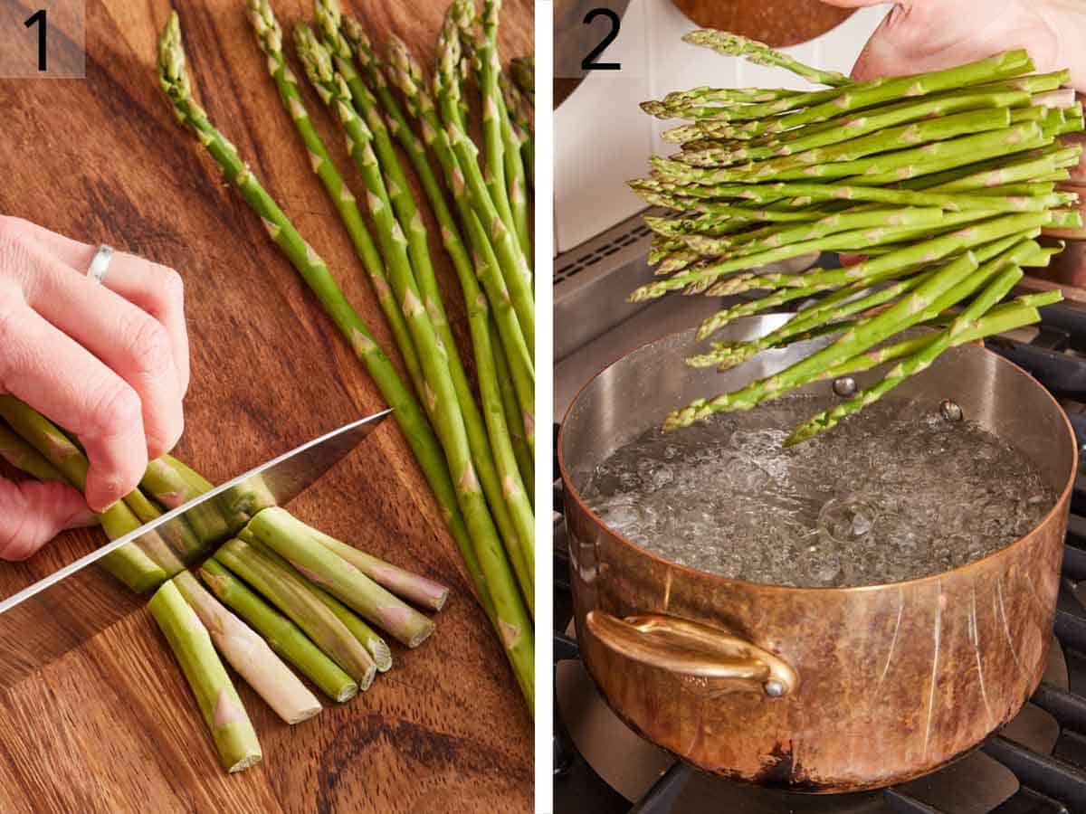 Set of two photos showing the ends of asparagus cut and then added to a pot of water.
