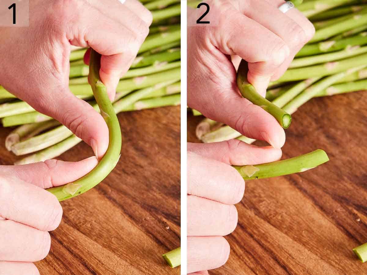 Set of two photos showing the woody end of an asparagus being snapped.