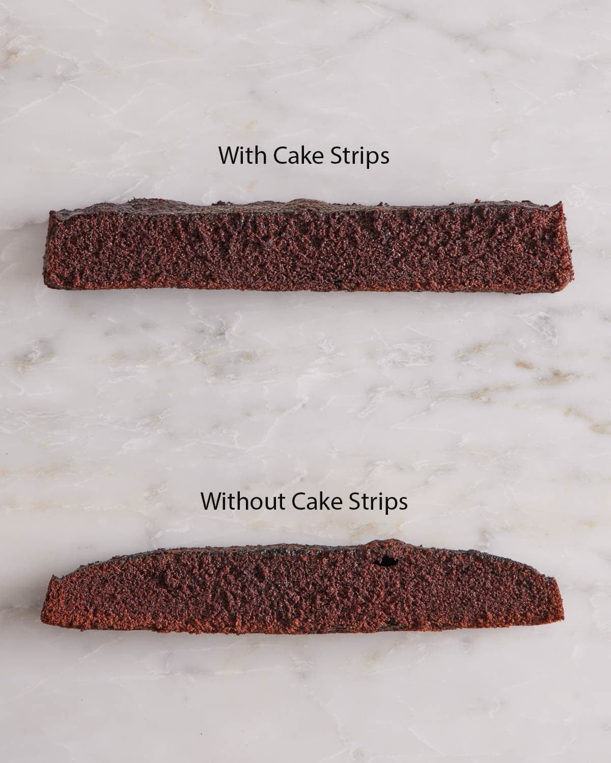 Two pieces of cake showing the dome and flatness of using and not using baking strips.