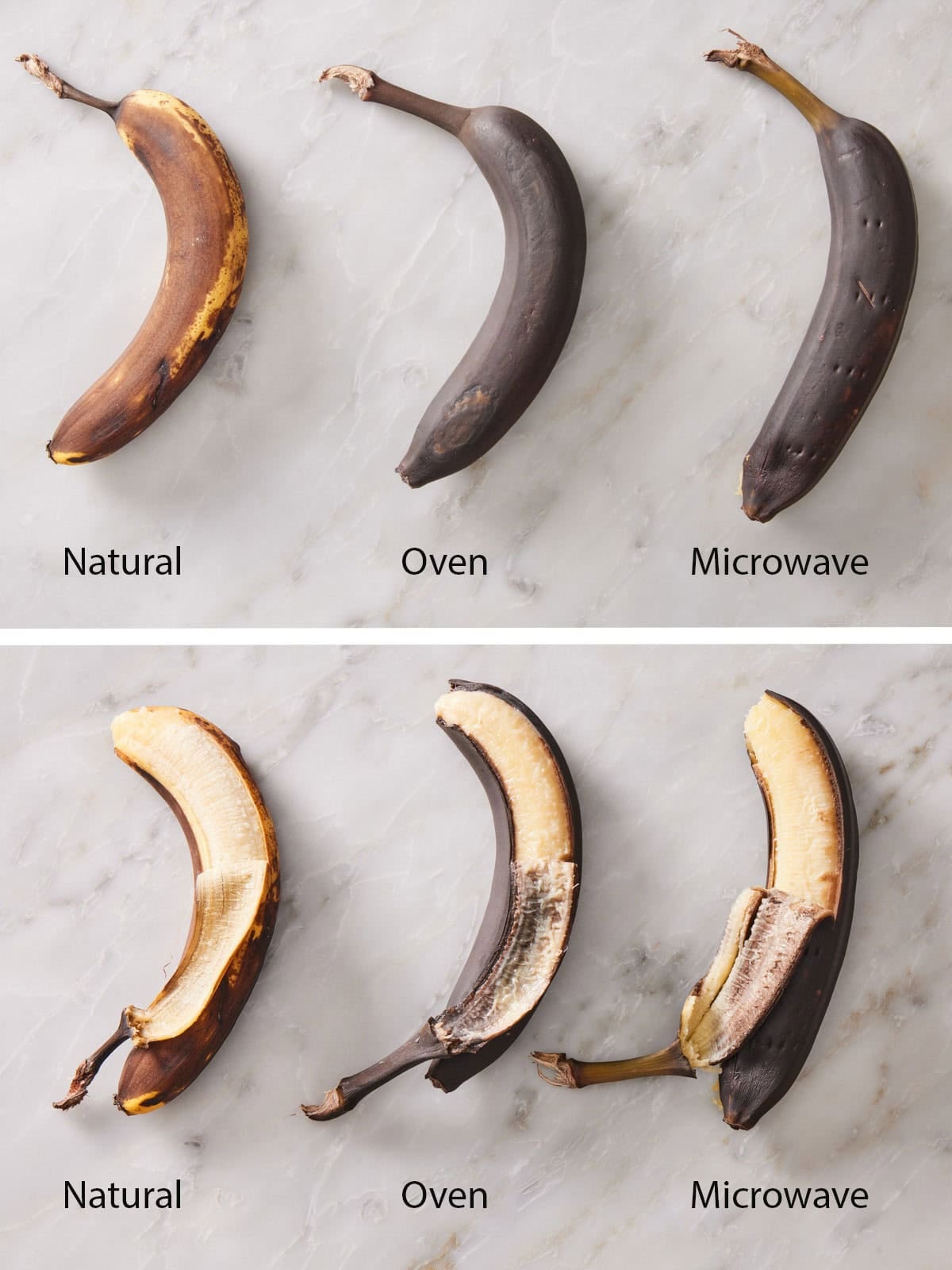 Two photos showing the exterior and interior of different methods of ripening bananas.