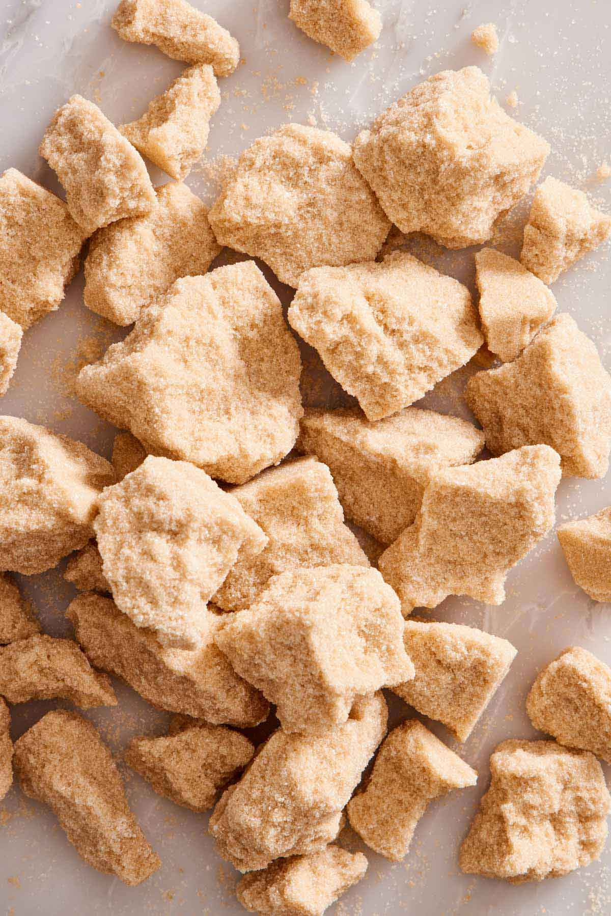 Overhead view of brown sugar in chunks.