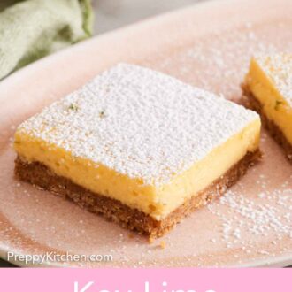 Pinterest graphic of a key lime pie bar on a platter with a dusting of powdered sugar on top.