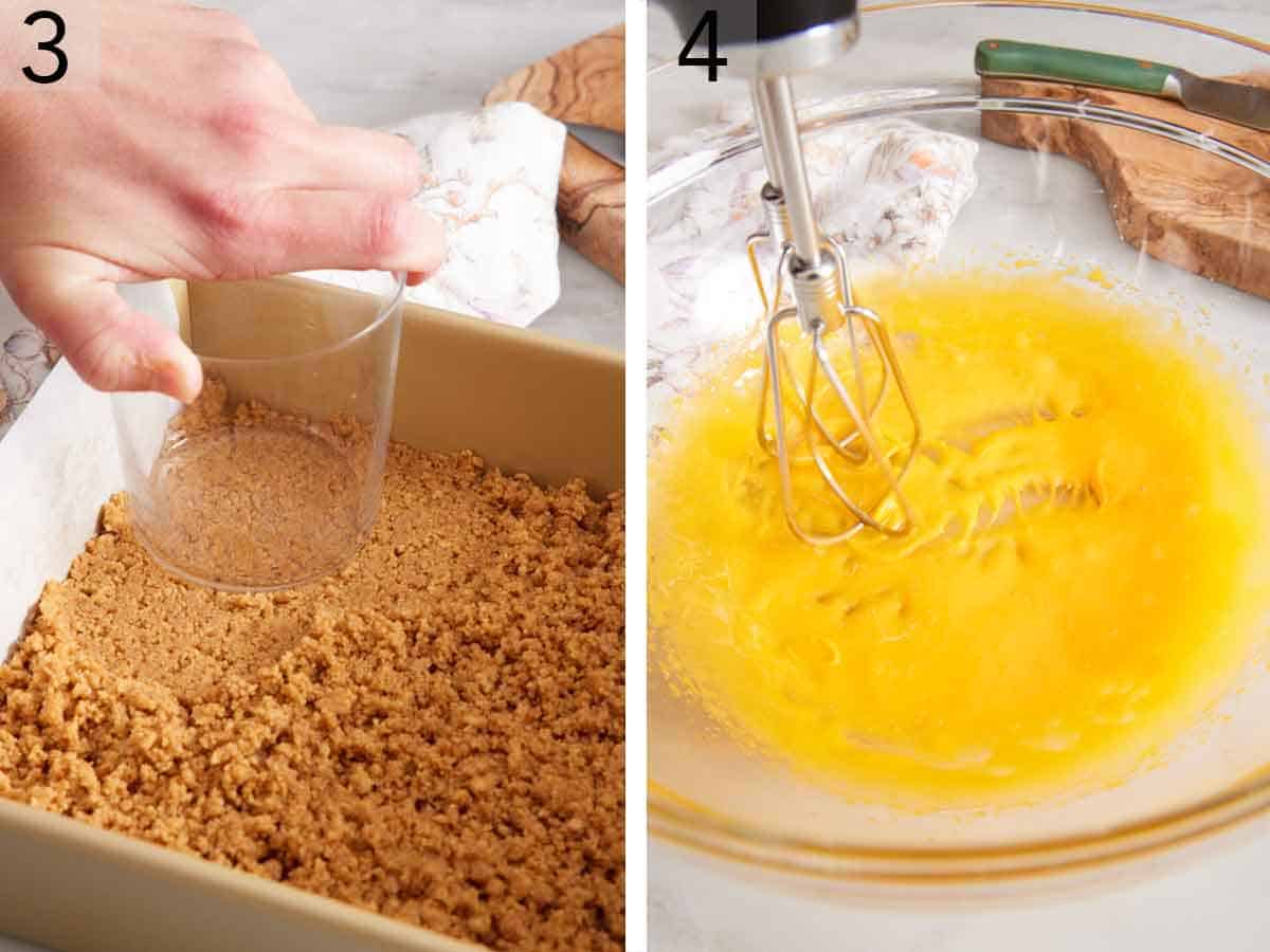 Set of two photos showing crust pressed into a baking pan and eggs beat in a bowl.