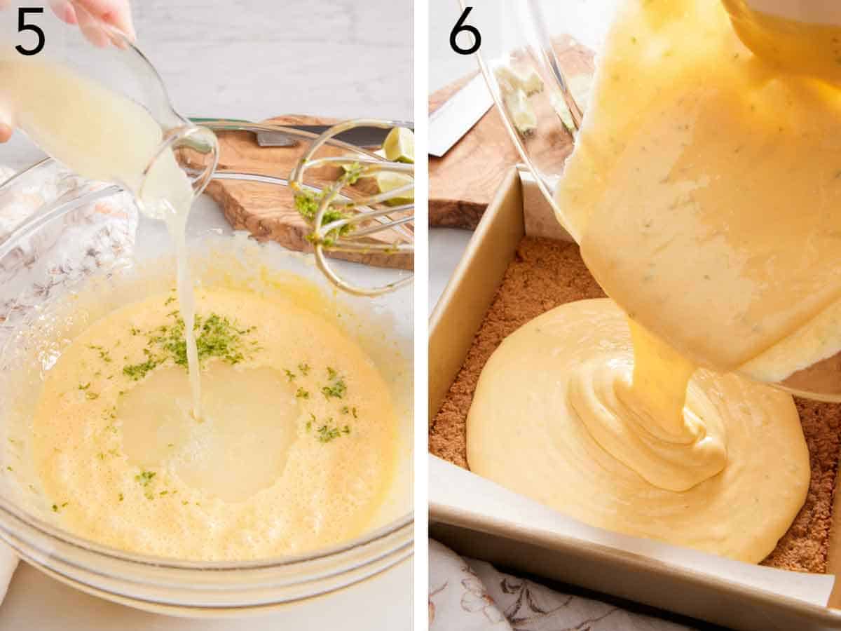 Set of two photos showing lime juice added to the bowl and once mixed, poured over the crust.