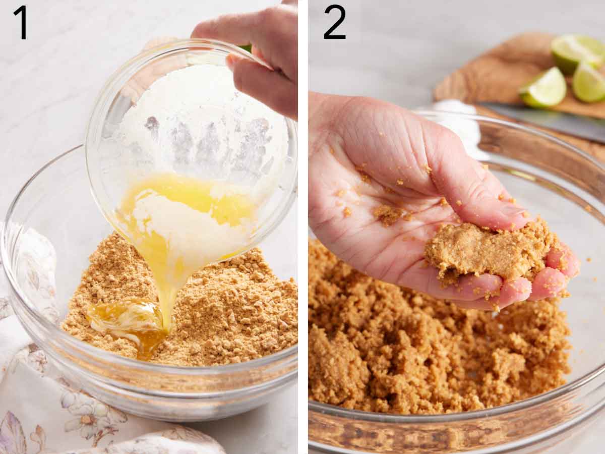 Set of two photos showing melted butter added to graham cracker crumbs and pressed together.