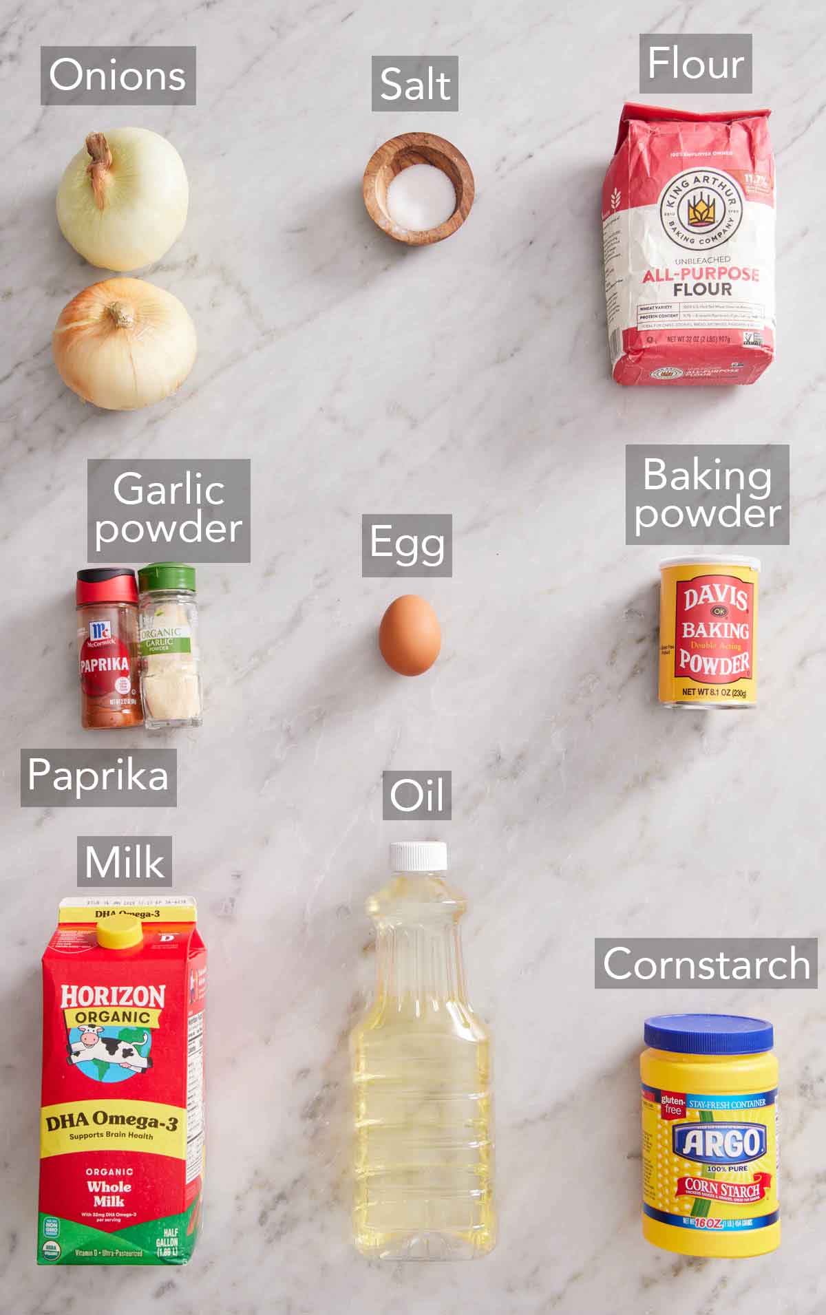 Ingredients needed to make onion rings.