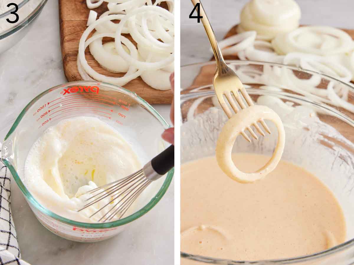 Set of two photos showing wet ingredients whisked together in a measuring cup and then onion ring dipped into the batter.