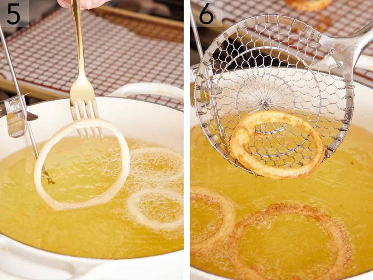 Set of two photos showing battered ring dipped into hot oil then scooped out.