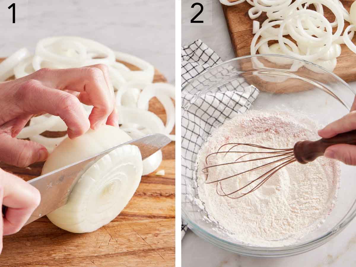 Set of two photos showing onion cut into rings and dry ingredients whisked together in a bowl.