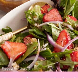 Pinterest graphic of a close up view of a spoon tucked into a bowl of strawberry salad.