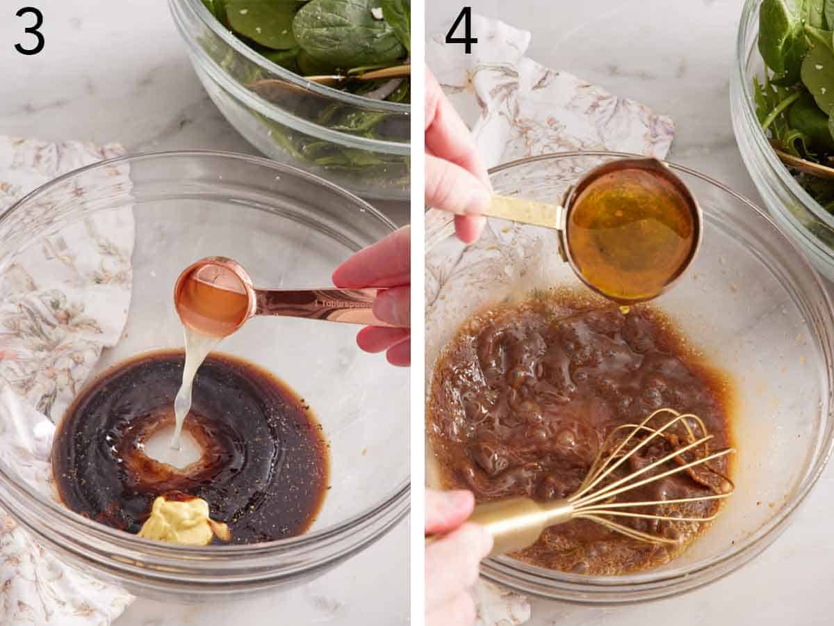 Set of two photos showing salad dressing ingredients added to a bowl and whisked.