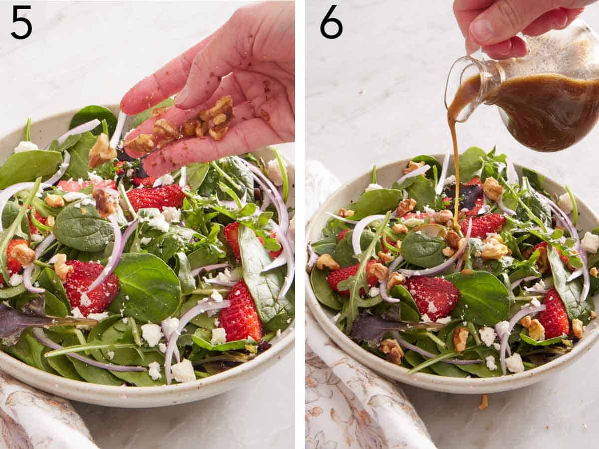 Set of two photos showing chopped nuts added on top of the salad and dressing drizzled over.