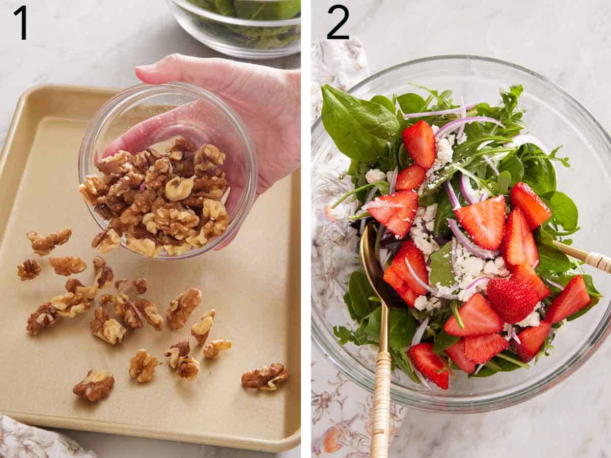 Set of two photos showing walnuts added to a sheet pan and mixed greens tossed with strawberries, feta, and red onions.
