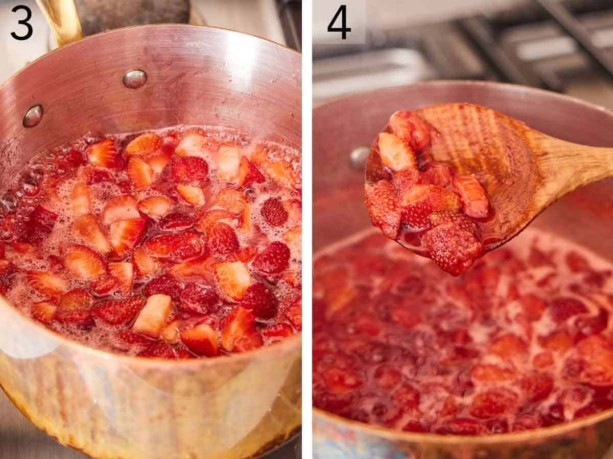 Set of two photos showing the strawberries cooked down in a pot and a spoon lifting up some of the strawberries.