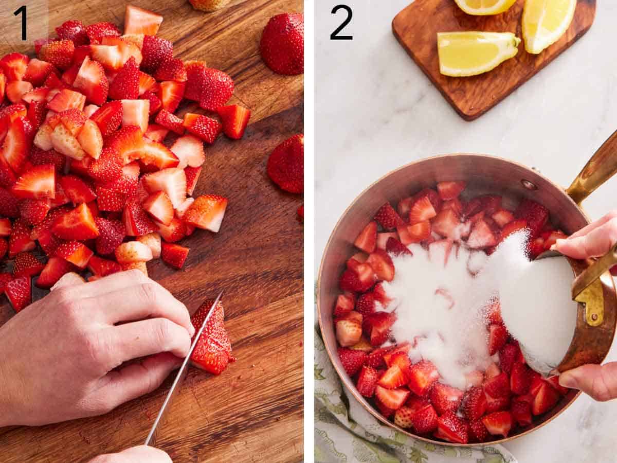 Set of two photos showing strawberries cut on a cutting board and then added to a pot with sugar.