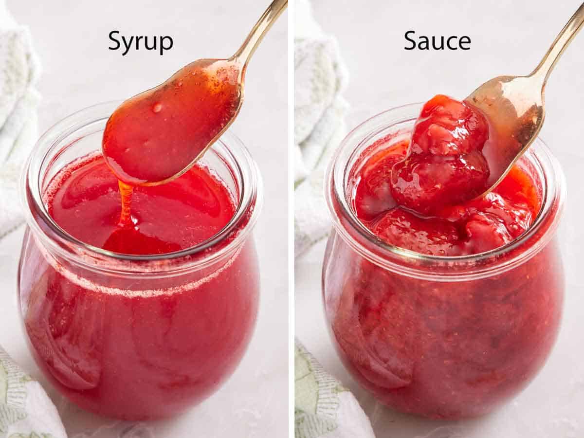 Two photos showing the difference between strawberry syrup and sauce.