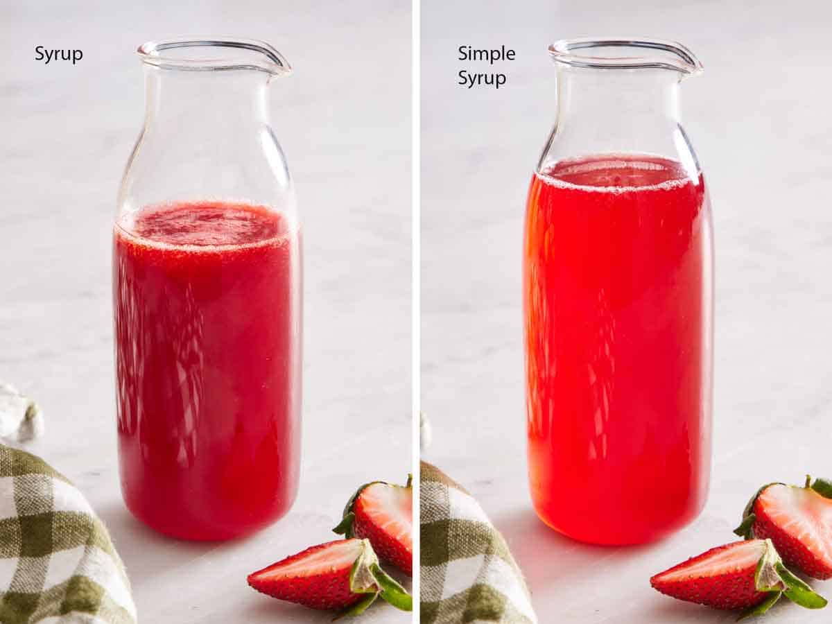 Two photos showing the difference in a bottle of strawberry syrup versus strawberry simple syrup.