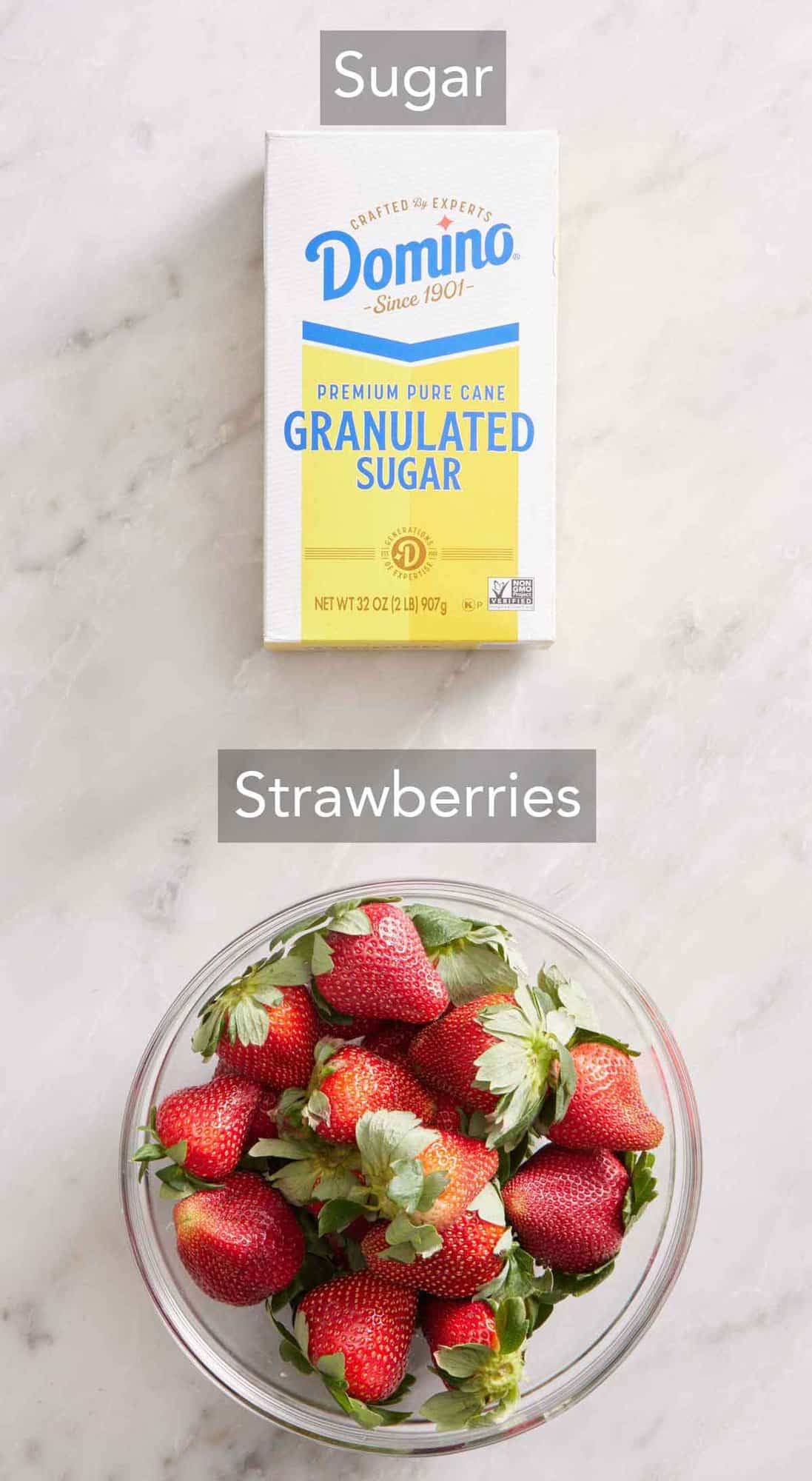 Ingredients needed to make strawberry syrup.