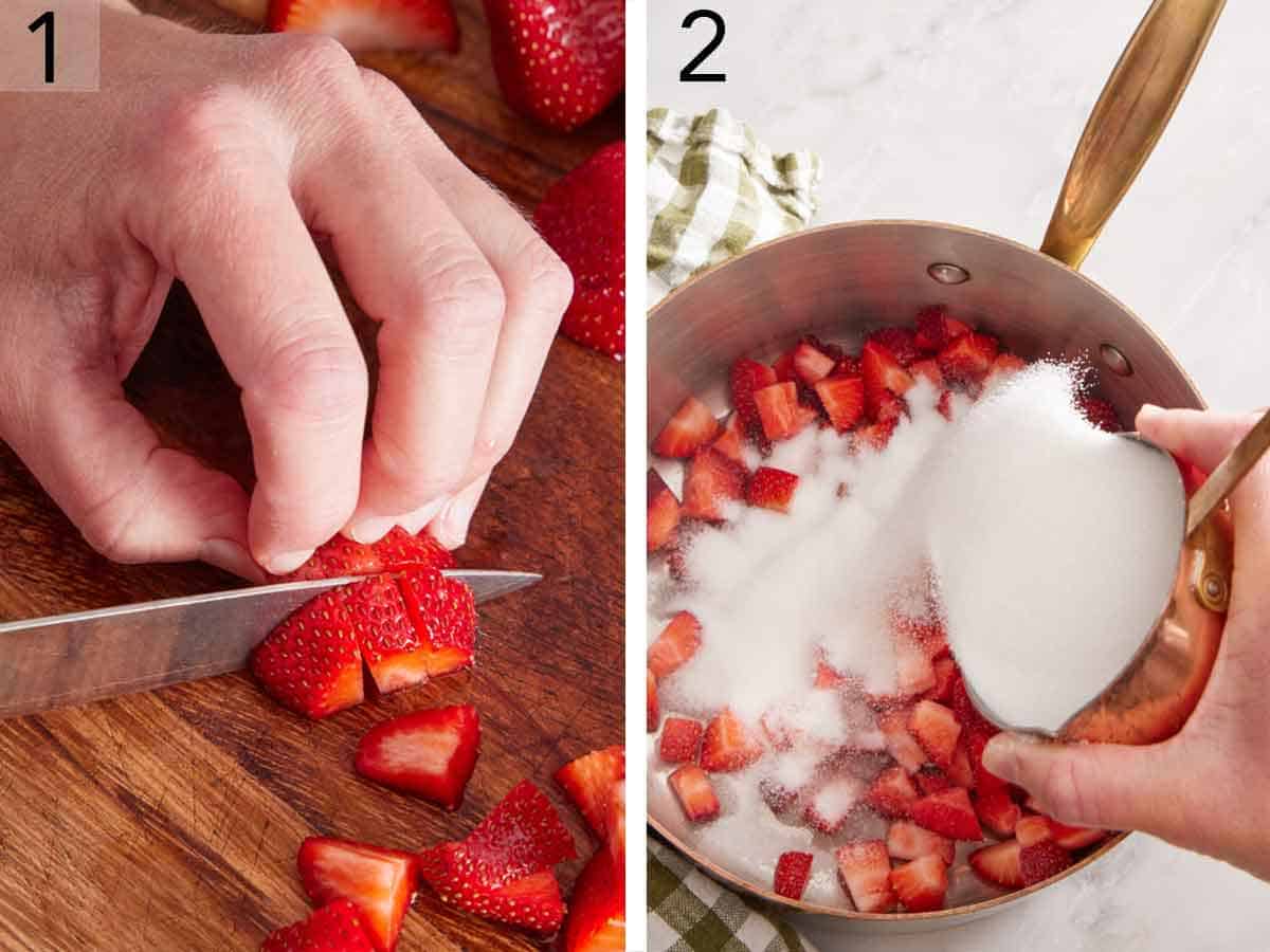 Set of two photos showing strawberries cut and added to a pot with sugar.