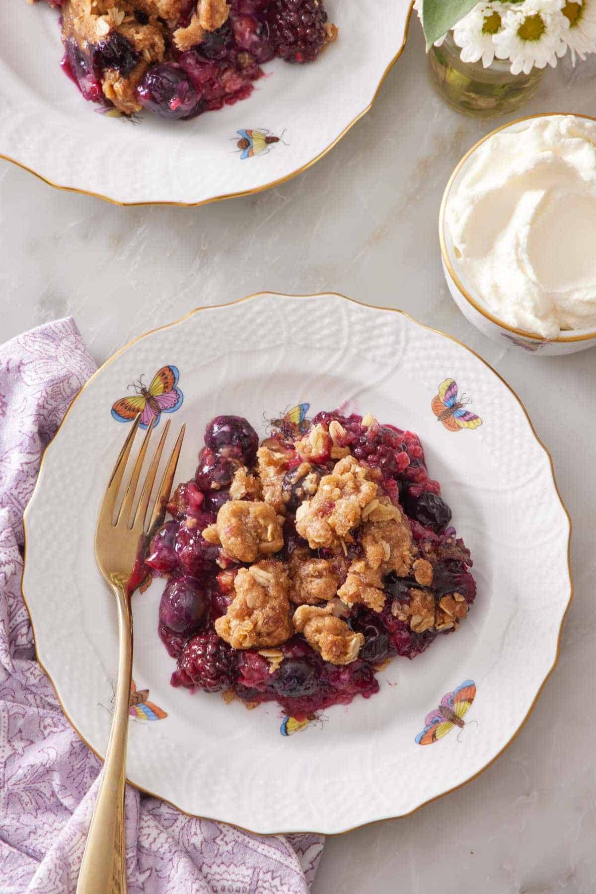 Mixed berry crisp on a small plate with a fork. Vanilla ice cream in a bowl next to it.