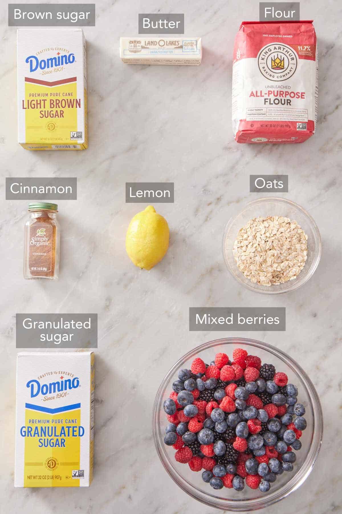 Ingredients needed to make berry crisp.