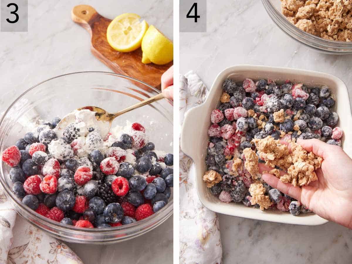 Set of two images showing berries coated with flour, sugar, and lemon juice, then transferred to a baking dish and topped with the crisp mixture.