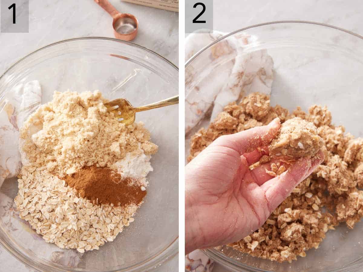 Set of two images showing crisp topping ingredients in a bowl and made into clumps.
