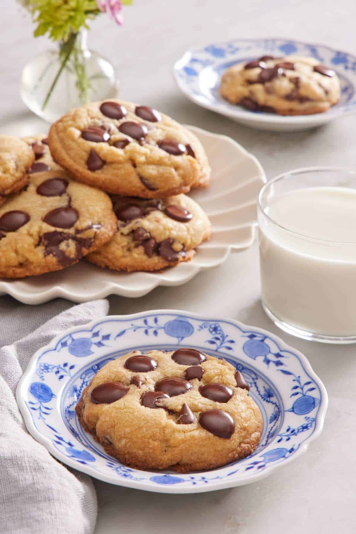 A cookie on a plate next to a glass of milk with more cookies in the background.