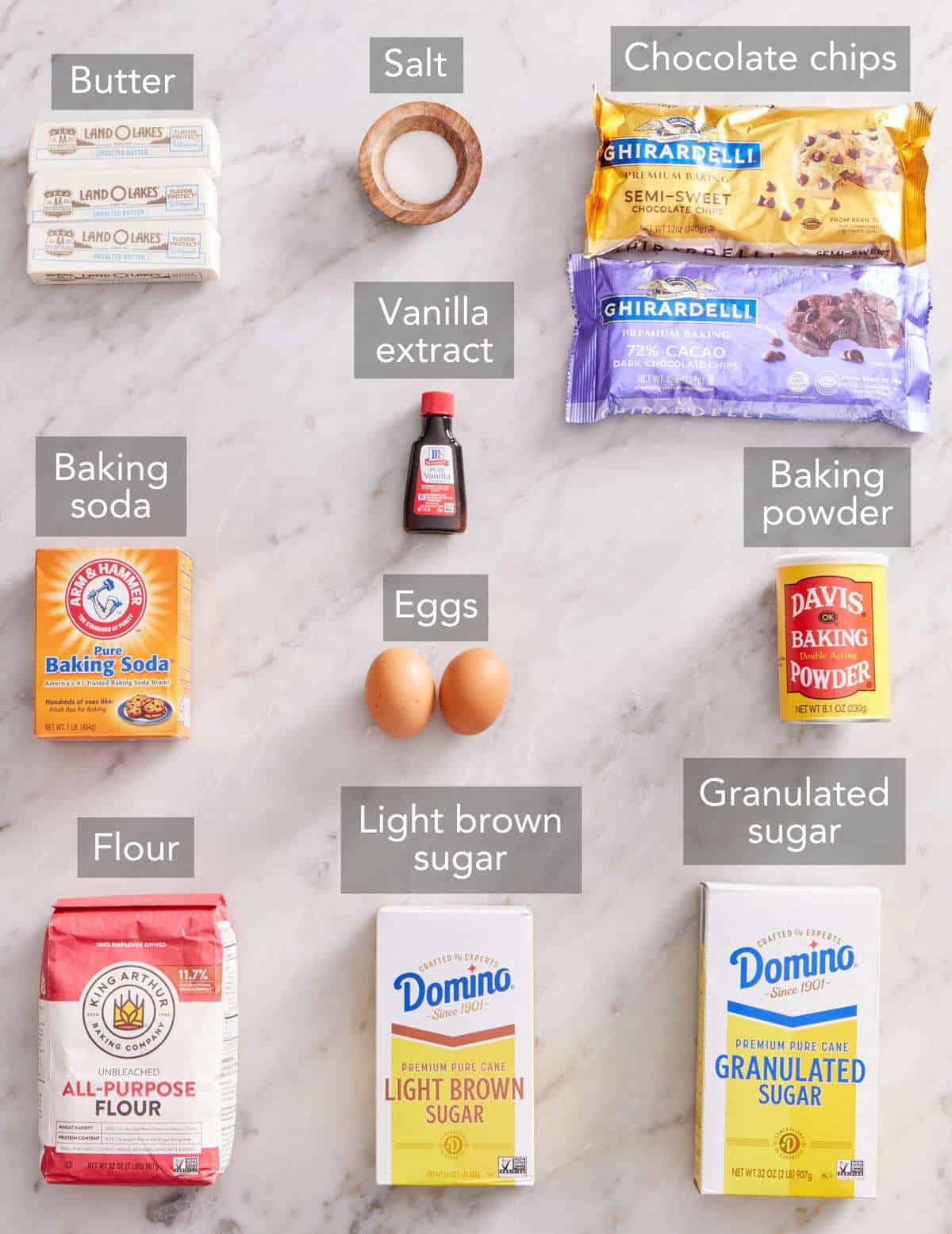 Ingredients needed to make brown butter chocolate chip cookies.