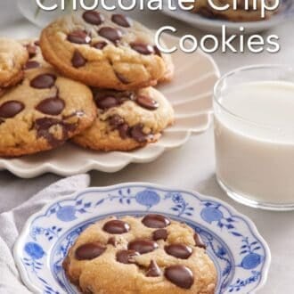 Pinterest graphic showing a brown butter chocolate chip cookie on a plate alongside a glass of milk, with more cookies in the background.