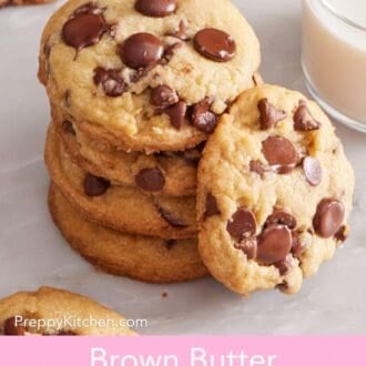 Pinterest graphic showing a stack of brown butter cookies.
