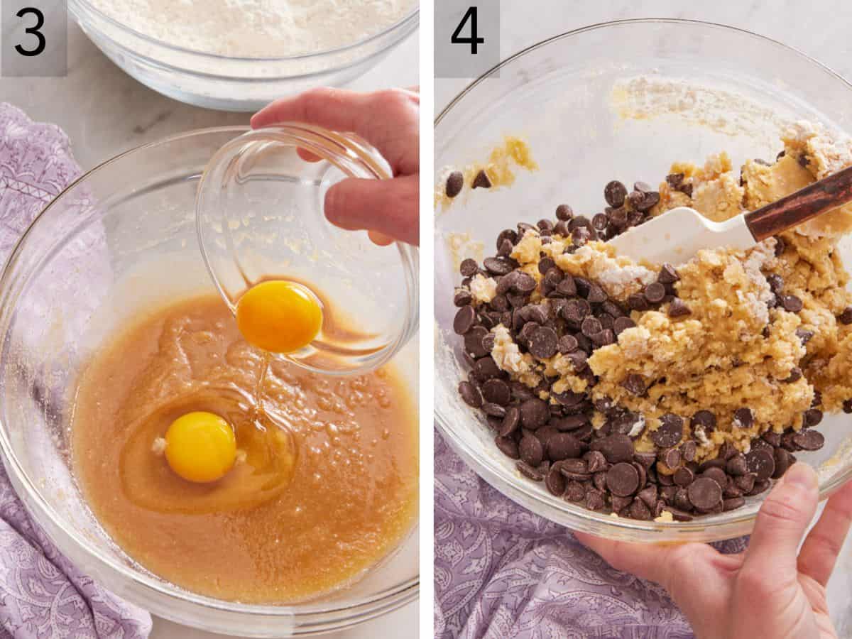 Set of two process images showing eggs dropped into the wet mixture, the dry ingredients added, and chocolate chips folded in.