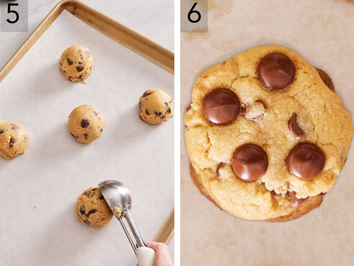 Set of two process images showing cookie dough scooped onto a lined baking sheet, and a baked brown butter chocolate chip cookie.
