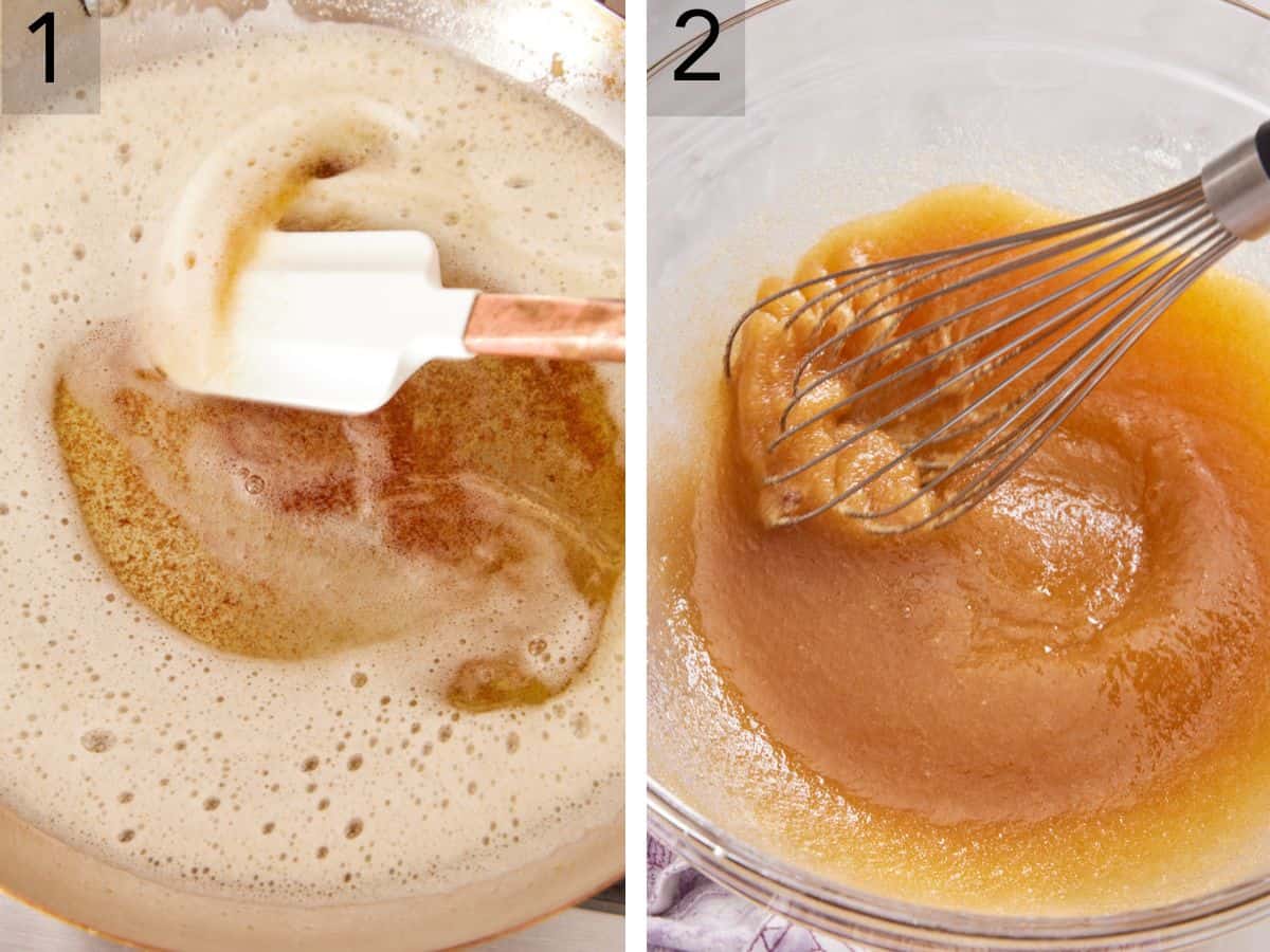 Set of two process images showing butter browned in a saucepan and mixed with sugar.